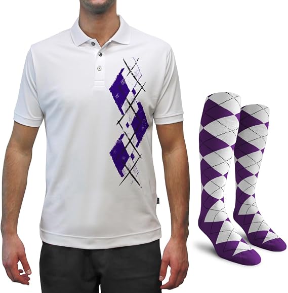 Dry Fit Graphic Golf Polo Shirt for Men, Great for Sports and All Outdoor Activities - Argyle Paradise - BB: Purple/White - X-Large with Socks