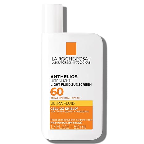 La Roche-Posay Anthelios Light Fluid Facial Sunscreen SPF 60, Lightweight Sunscreen For Face, Fluid Texture, Broad Spectrum SPF + Antioxidants, Oil Free & Oxybenzone Free, Travel Size 1.7 Fl. Oz.