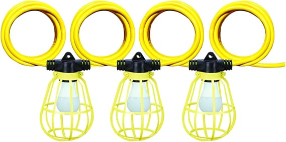 Voltec Industries 100' Construction String Light W/Plastic Cages, 10 Piece 14 Gauge LED Temporary Linkable Light for Jobsite, Basement Work 08-01188