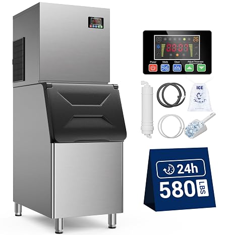 Commercial Ice Machine, 580 LBS/24H Stainless Steel Ice Maker with 480 LBS Ice Storage Capacity, 156 Ice Cubes Ready in 5-15 min, Perfect for Bar/Cafe/Business