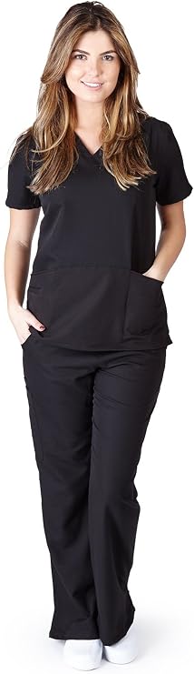 Ultra Soft Scrubs - Premium Womens Junior Fit Two Pocket Top and Yoga Pant Scrub Set, Black 39194-X-Large