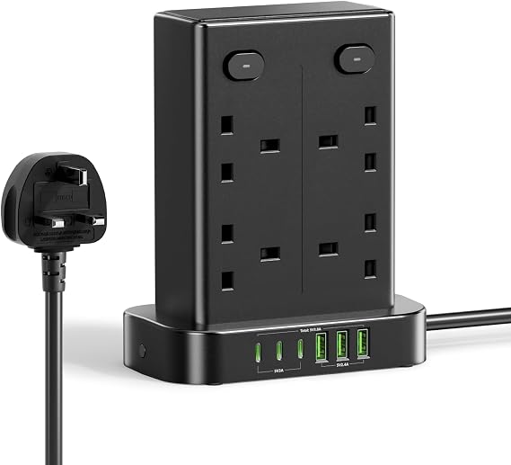 toomke Tower Extension Lead with USB C Slot, Multi Plug Extension Socket