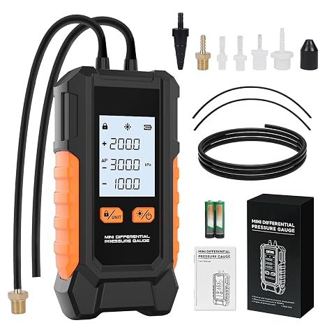 Manometer HVAC Gas Pressure Tester Dual Port Digital Manometer -14.65~29psi Differential Pressure Gauge with 6 Units,7 Adapters, Data Hold & Zeroing, Auto Calibration,Backlit Screen Air Pressure Meter