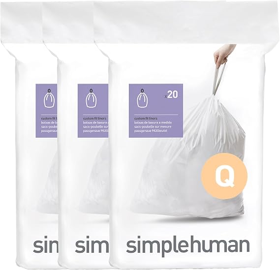 simplehuman Code Q Custom Fit Liners, Extra Large, Extra Strong Trash Bags, 50-65 Liter / 13-17 Gallon, 3 Refill Packs (60 Count), White