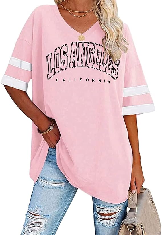 Tomwell Women's Los Angeles T-Shirt with V-Neck Short Sleeve Sports T-Shirt Summer Crew Neck Oversized Tops Loose Tunic Long for Teen Girls Sommer Kurzarm mit Buchstaben Druck Locker Vintage Lang Sport für Teens
