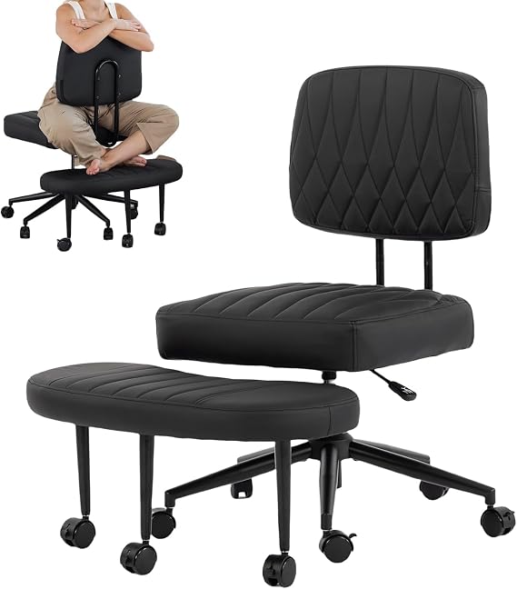 Ergonomic Cross Legged Office Chair with Wheels, Wide Seat and Backrest for Meditation, ADHD Cross Legged Office Chair with Adjustable Height, 360Rotating Footrest for Yoga Home Office