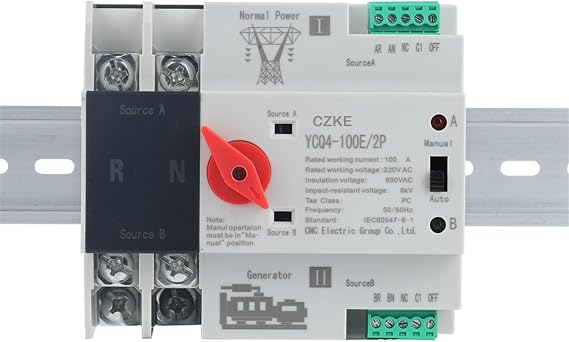 ONECM YCQ4-100E/2P Din Rail 2P ATS Dual Power Automatic Transfer Switch Electrical Selector Switches Uninterrupted Power 63A 100A (Color : YCQ4-100E/2P, Size : 100A)