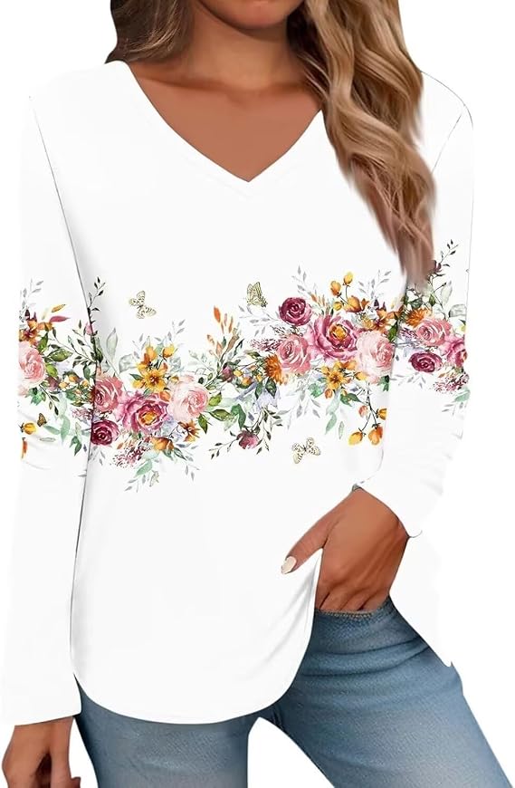 Floral Long Sleeve Tops for Women V-Neck Spring 2025 Hippie Top Western Casual Floral Boho Shirts