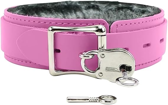 VP Leather Avery Collar Faux Chinchilla Fur Latigo Leather Handcrafted (Large, Pink)