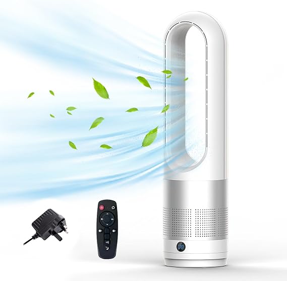 18" Bladeless Tower Fan with Negative Ion - Quiet Oscillating Desk/Floor Fan, 4000-5600rpm Bladeless Fan, 8 Speeds, 8H Timer, Remote Control & 80° Wide Airflow, Quiet for Home, Office (Silver)