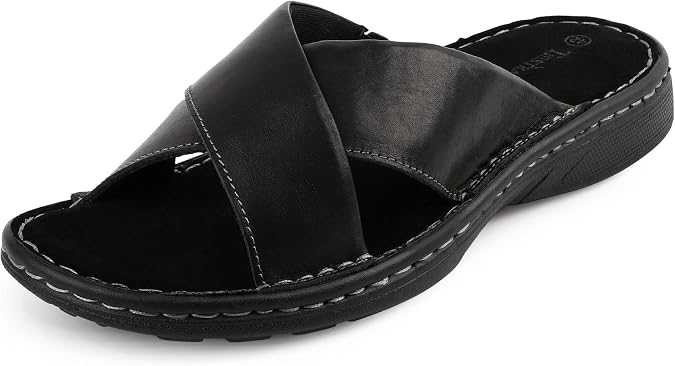 TIESTRA Mens Napa Leather Slides Sandals Soft Cushion Dress Sandals with Memory Foam Footbed Comfortable & Lightweight Summer Beach Indoor & Outdoor Slip On Casual Footwear Black EU43 US10