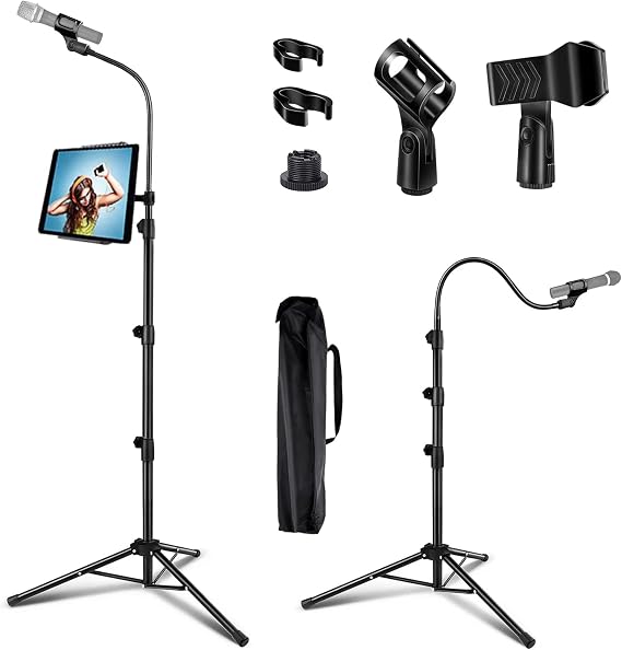 LIUGAST Portable Microphone Stand with Phone Holder, Gooseneck Tripod Adjustable 3.5-6 Feet, 2 Standard Mic Clips, Black