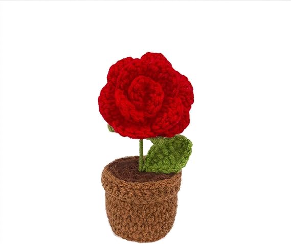 Handmade Crochet Flowers,Small Potted Knitted Desk Decorations Home Decoration Car Dashboard Decorations Crochet Artificial Flower (Rose)