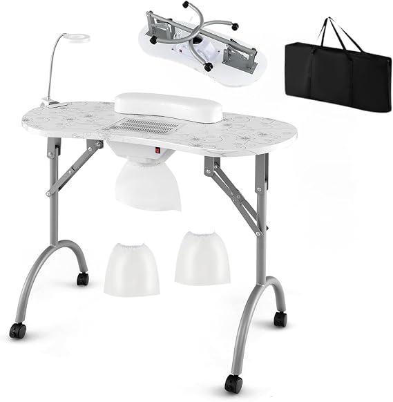 Portable Manicure Table, Foldable Nail Desk w/Electric Residue Collector, Bendable LED Lamp, Removable Armrest Pad, Lockable Wheels, Foldable Nail Table w/Carry Bag for Home, Salon, White