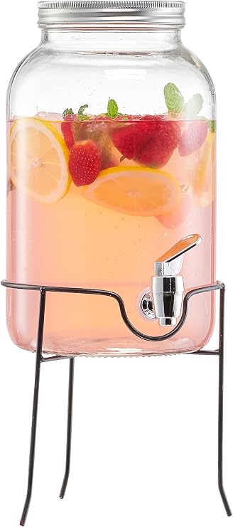 Style Setter Beverage Dispenser with Stand - 1 Gallon Large Countertop Glass Drink Dispenser with Spigot & Lid - Party Drink Dispenser for Sweet Tea Lemonade Punch Water, Juice Dispensers for Parties
