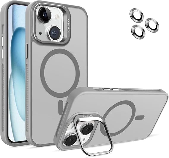 MADNOVA iPhone 13 için Kılıf Kamera Korumalı Magsafe Wireless Şarj Özellikli Lens Hediyeli Mat Şeffaf Renkli Standlı Kılıf (GRİ)