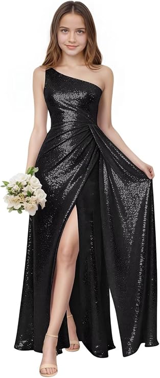 Sequin Junior Bridesmaid Dresses One Shoulder Flower Girl Dresses Long Ruffle Girls Formal Dress with Slit