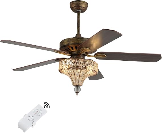 Ceiling Fan with Light (LED) and Remote, Modern Electrical Chandelier Fans with 5 Blades for Home Decoration Fixtures, Living Room, Bedroom (52" Siver Hollow Out Crystal)