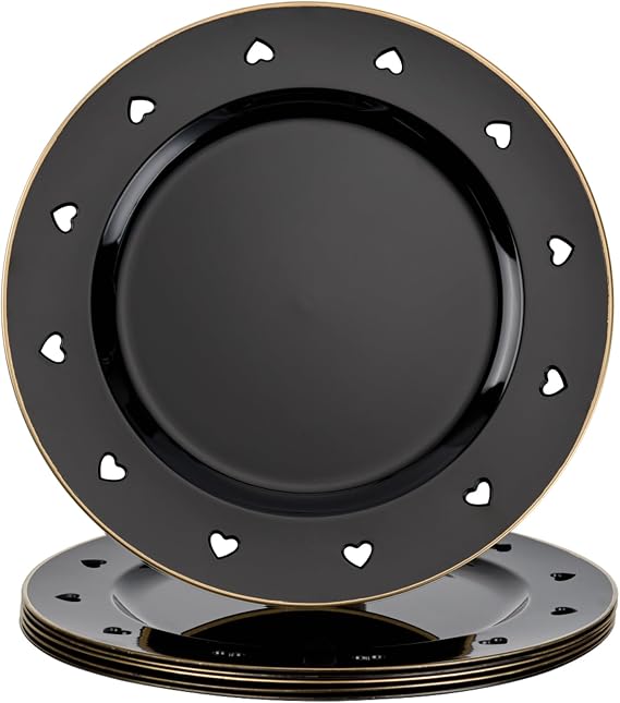 13" Round Black Charger Plates, Heart Hollow Chargers for Dinner Plates with Golden Border, Formal Table Setting Accessory Centerpiece Bluk Wedding, Valentine's Day, Galentine's Day, Set of 6