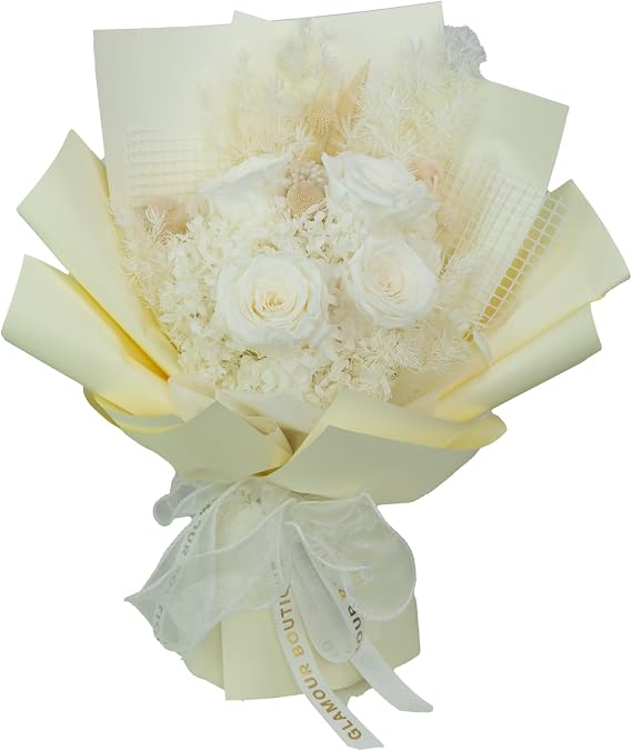 GLAMOUR BOUTIQUE Preserved Flowers Bouquet - Flowers Forever in a Box with Hydrangeas & More, Gift Ready for Anniversary, Birthday, Mother's Day, Long-Lasting 1-3 Years - White (Color-Treated)