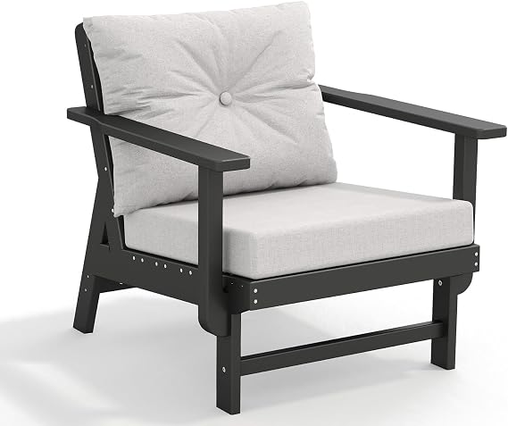 GREENVINES Outdoor-Couch | HDPE Plastic | Patio Sectional Conversation Set | All Weather Couches | Sofa with Detachable Armrests | for Porch Deck Lawn | Black Frame Light Gray Cushion