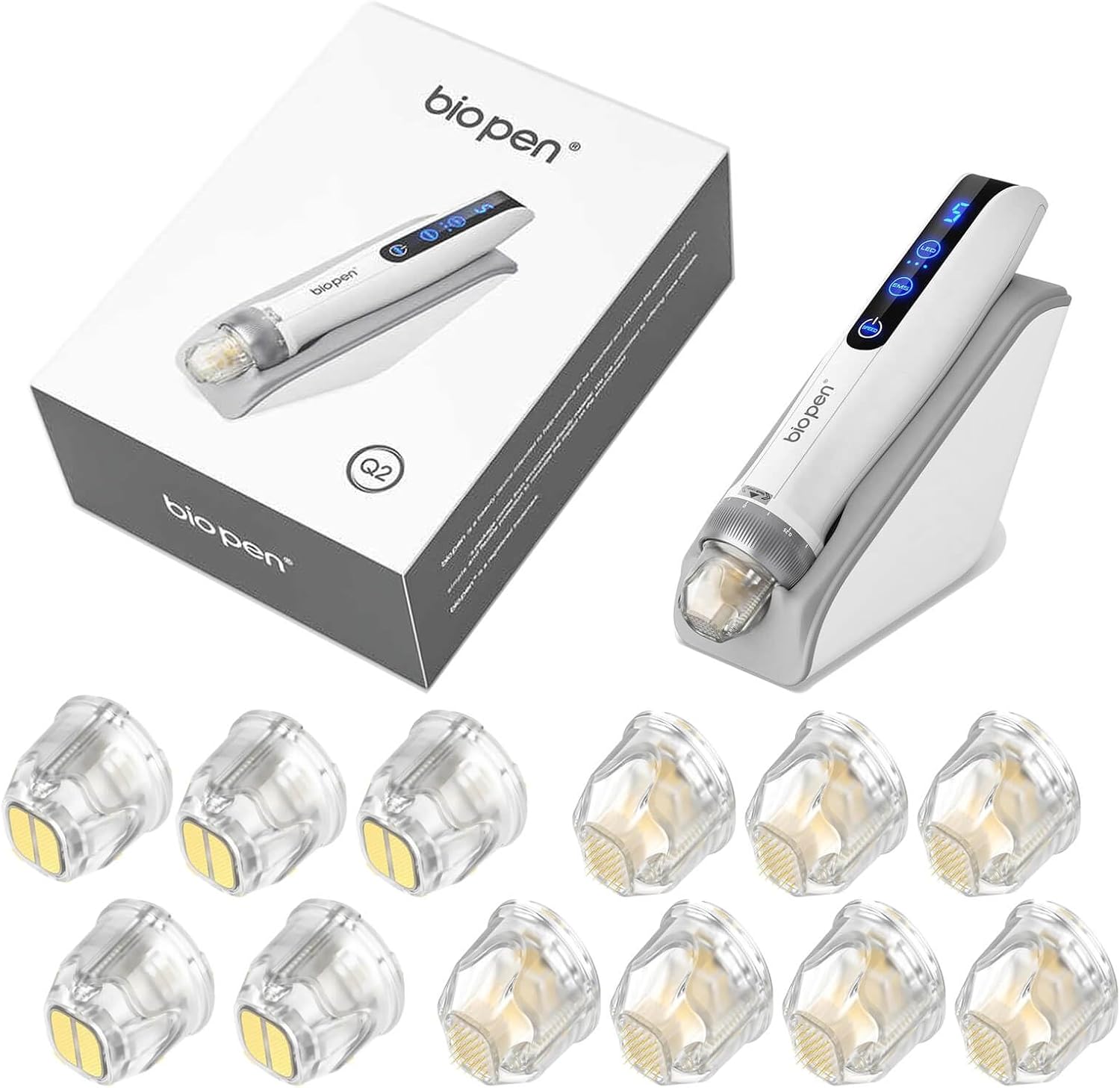 Bio Pen Q2 Wireless Skincare Pen Set with 12 Replacement Cartridges (7×25 Pin & 5×Nano), LED Display, 5 Speed Levels, EMS Function, Rechargeable Beauty Tool for Face, Neck & Body – Home & Salon Use