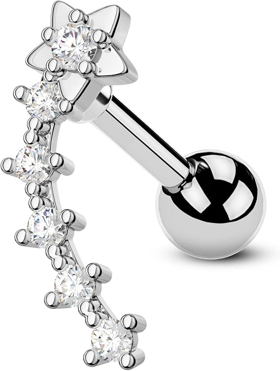 CM Crareesi Mania Star Helix Earrings 16G Curved Cartilage Earrings 316L Stainless Steel Five Tiny Clear CZ Forward Helix Earrings Conch Snug Upper Lobe Studs Earrings