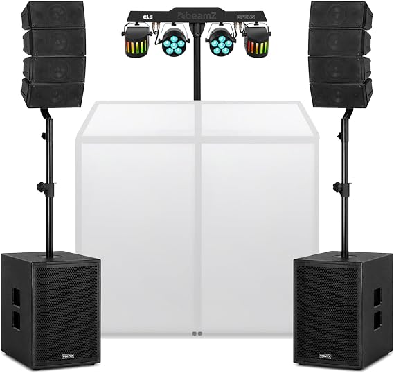 VONYX line array PA system DJ package with DJ booth and light bar, 1600W active and passive speaker setup for mobile DJs, churches, events and venue sound with DSP