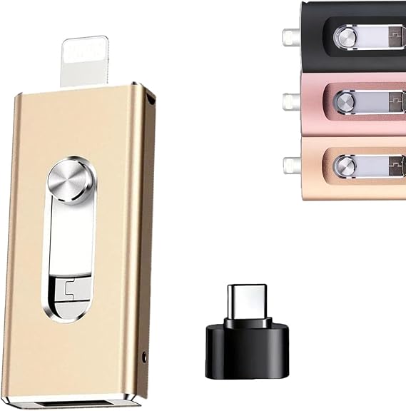 4 in 1 Flash Drive, Micro USB + 8 Pin + USB 3.0 4 in 1 Mobile Phone Computer U-Disk, No WiFi, No Cables, with Free Type-C Adapter for Android Phones/Pc and More Devices (Gold, 128, GB)