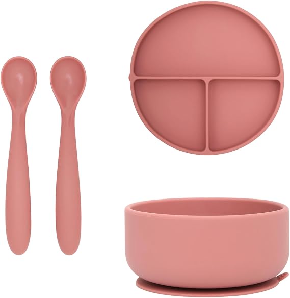 dollop Silicone Plate, Bowl, and Spoon Set for Babies - BPA Free, Dishwasher Safe, Suction Base (Dusty Rose)