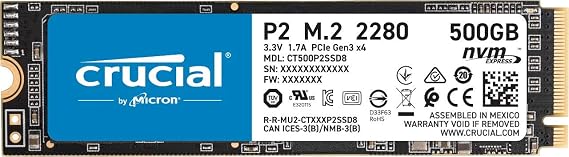 Crucial P2 500GB 3D NAND NVMe PCIe M.2 SSD Up to 2400MB/s - CT500P2SSD8