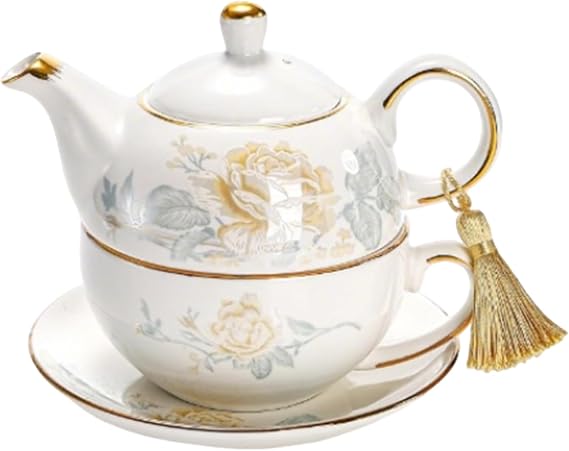 DAYUMKOU 16 Oz Ceramic Tea Pots Sets, Vintage Rose Teapot Set with Cup Saucer and Detachable Tassel, Porcelain Teapot Gold Rim for Women, Home,