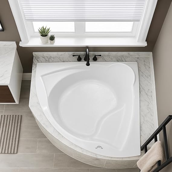 Carver Tubs - ME6060 - Modern Acrylic Fiberglass Soaking Corner Bathtub for Small Bathrooms - White Rounded Triangular Acrylic Tub - Features Built-in Seat - Deep Relaxing Soak - 60"L x 60"W x 19"H