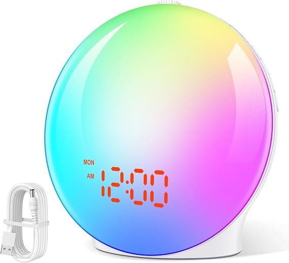 Daylight Alarm Clock Sunrise Sunset Alarm Clock Wake Up Light with 7 Natural Tones 8 Colour Light 20 Brightness Snooze Function Radio FM for Adults and Children
