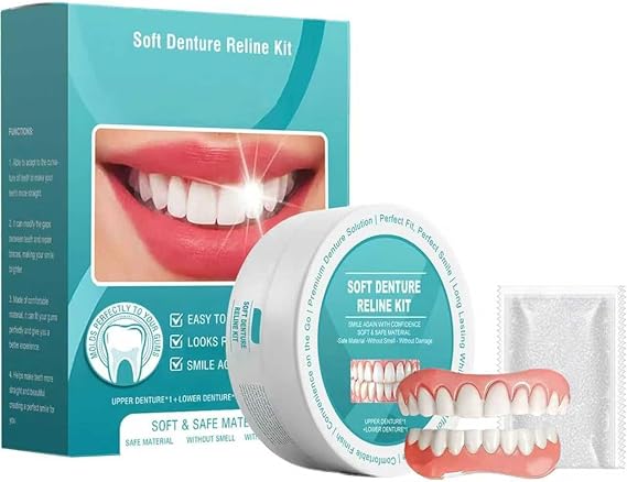 Silicone Reline Denture Set for Upper and Lower Dentures - Silicone Denture for Toothless Individuals - Food-Safe Removable Teeth Whitening Dentures - Adjustable and Removable Whitening Dentures