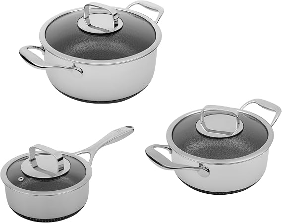LIVWELL DiamondClad 6-Piece Hybrid Nonstick Cookware Set - Kitchen Gift - Pot and Pans Set Stainlesss Steel Cookware with Cool Touch Handles - Hybrid Pan Set - Oven, Induction, and Dishwasher-Ready