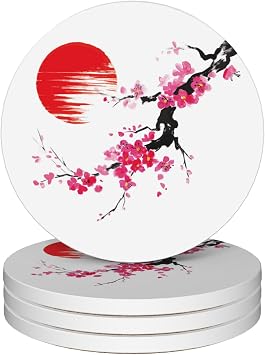 Drink Coasters Set of 4,Cherry Blossom Japanese Painting Coasters for Drinks Ceramic Coasters with Cork Bottom for Kinds of Mugs and Cups,Home Decor,4''
