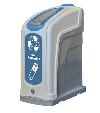 Nexus 13G Battery Bin (Gray, Blue Sticker) Slim Plastic Battery Recycling Container Deskside Office Recycling Bin for Used Batteries Compact with Flip Lid