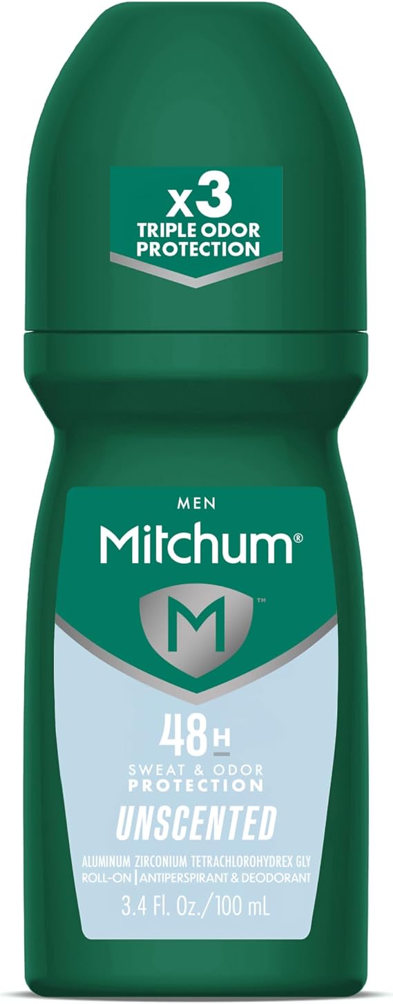 Mitchum Mens Antiperspirant Deodorant, Roll-On Applicator, Unscented, 48HR Sweat & Odor Protection, Quick-Drying Formula, Dermatologist Tested, 3.4 oz