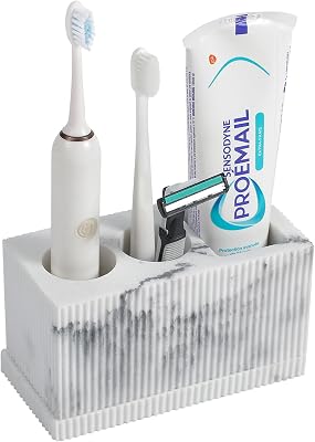 rejomiik Toothbrush Holders for Bathroom Countertop, 3 Slots Electric Tooth Brushing Storage Organizer Stand for Toiletries and Beauty Accessories, Toothpaste, Razor, Marble White
