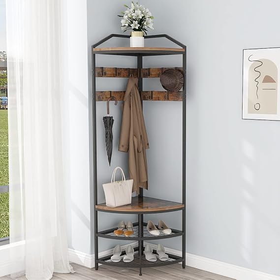 VEDECASA Corner Hall Tree with Shoe Bench 4-Tier Industrial Freestanding Entryway Coat Rack with 10 Metal Movable Hooks and Wooden Storage Shelves for Home Hallway Closet Bedroom Brown