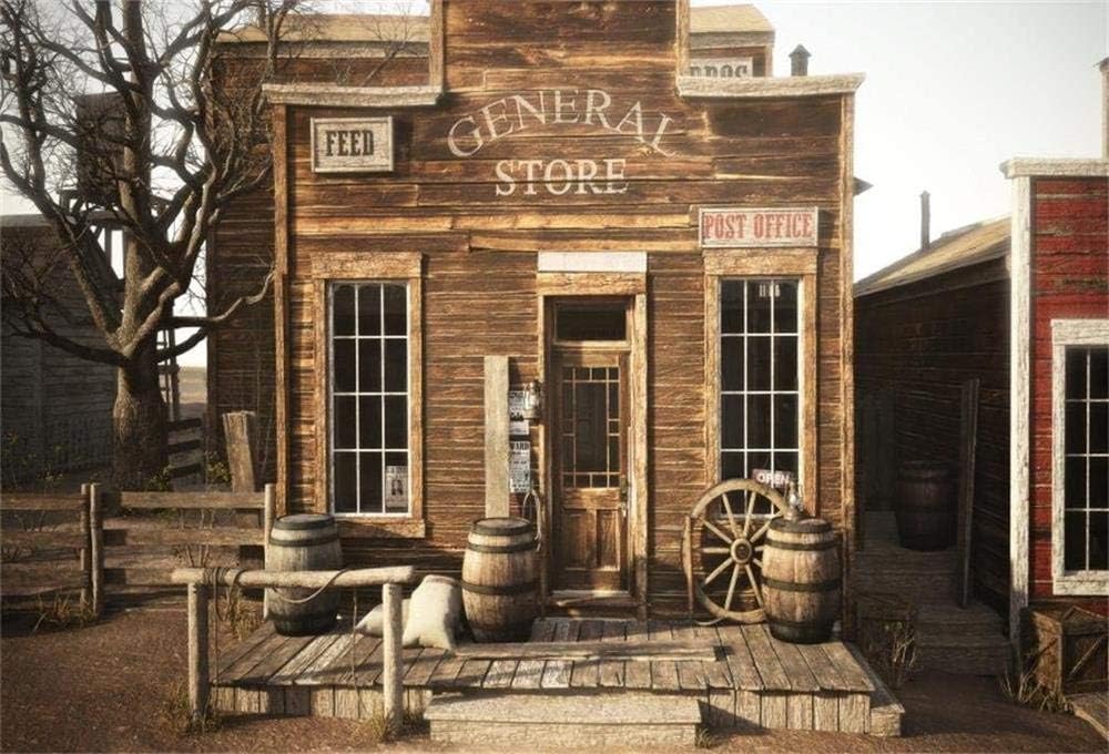 AOFOTO 7x5ft Vintage Wild West Store Backdrop Retro Western Wooden House Photography Background Countryside Rural Old Wood Casks Photo Studio Props American History Culture Wallpaper Cowboy Adult