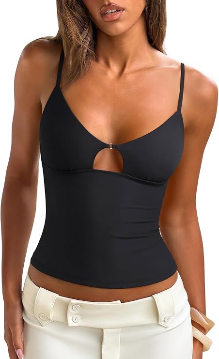 PINKMSTYLE Womens Cut Out Spaghetti Strap Tank Tops Double Lined V Neck Camisole Sexy Y2K Going Out Top Date Night Outfits