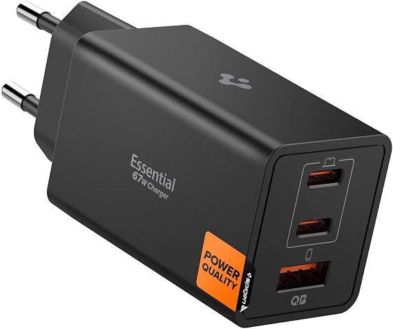 Spigen 67W USB-C + USB-A 3 Port Hızlı Şarj Aleti PPS 3.0 Super Hızlı Şarj GaN Pro Isı Düşürücü Güç Adaptörü Akım Koruma iPhone & Android & iPad & MacBook Type-C Siyah - ACH09458 (Spigen TR Garantili) | PPS Hızlı Şarj Cihazı, iPhone 17, Samsung Galaxy S26/Z Fold 8, Google Pixel 11 Pro XL Fold için PD 3.0 Power Charger Adaptörü