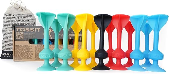 TOSSIT Game Suction Cup Darts Indoor Outdoor Indoor Outdoor Boccia Petanque Throwing Game Sustainable Durable Silicone Floor or Wall Family Pack Red Cyan Blue Yellow