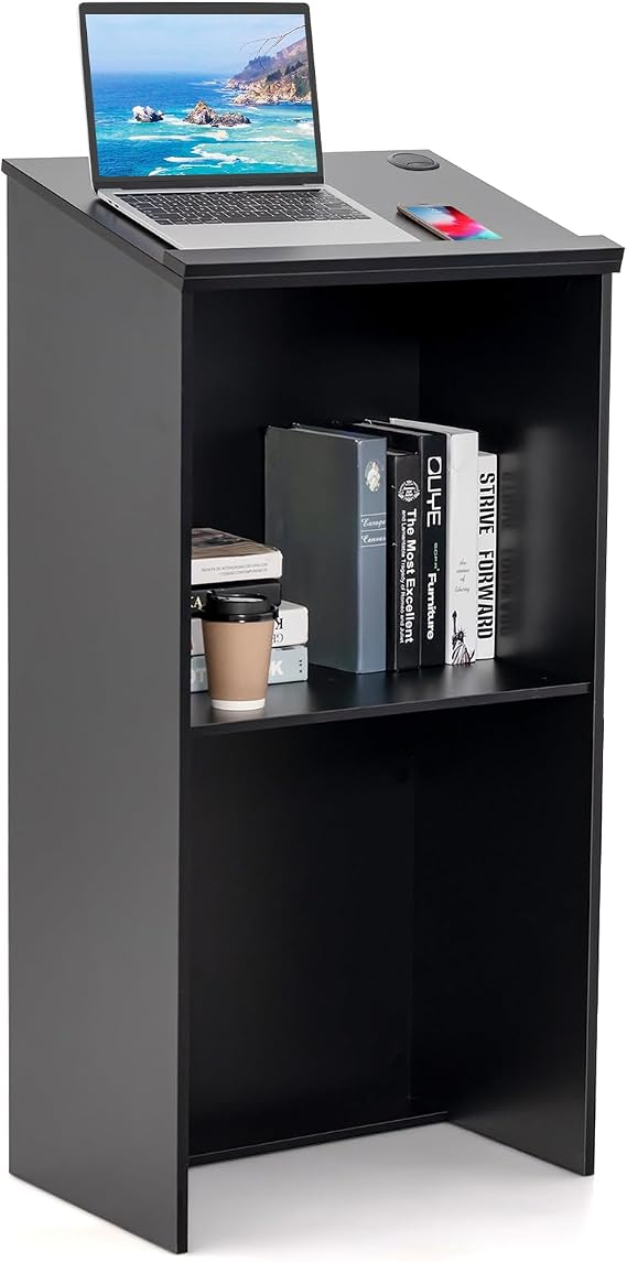 Tangkula Floor Standing Podium, Wooden Speaking Lectern with Adjustable Shelf, Large Storage Area and Pen/Pencil Tray, Ideal for Conference, Auditorium, Classroom (Black)