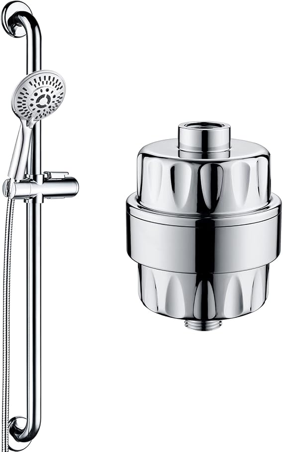 BRIGHT SHOWERS Stainless Steel Grab Bar Set with High Output Shower Filter for Hard Water, Chrome