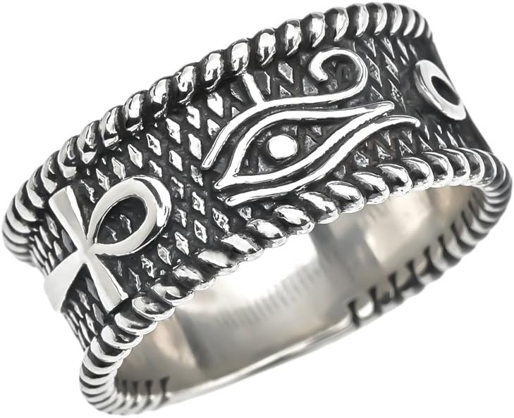 Eye of Horus with Egyptian Ankh Crosses Sterling Silver Unisex Ring