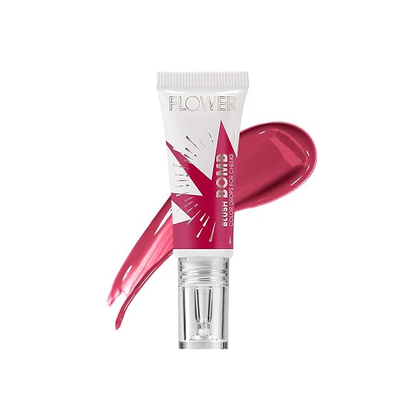 FLOWER Beauty By Drew Barrymore Liquid Blush Makeup Bomb Color Drops -Silky Lightweight Formula + Gel Cream Blush for Cheeks - Radiant + Glossy Finish - Buildable + Lightweight Formula - (Bitten)