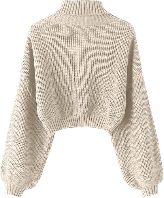 ZAFUL Women's Long Sleeve Cropped Sweater Knit Pullover Top | Cable Knit Sweater, Lantern Sleeve Crop Sweater, Cute Mock Neck Sweater, Trendy Fall Sweater, Casual Winter Outfit